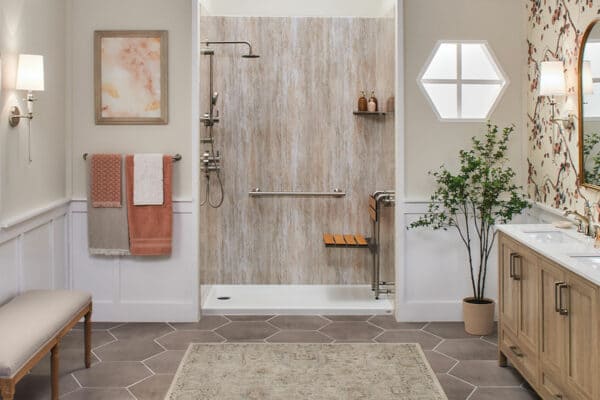 Modern spa bathroom with walk-in shower in Thousand Oaks home